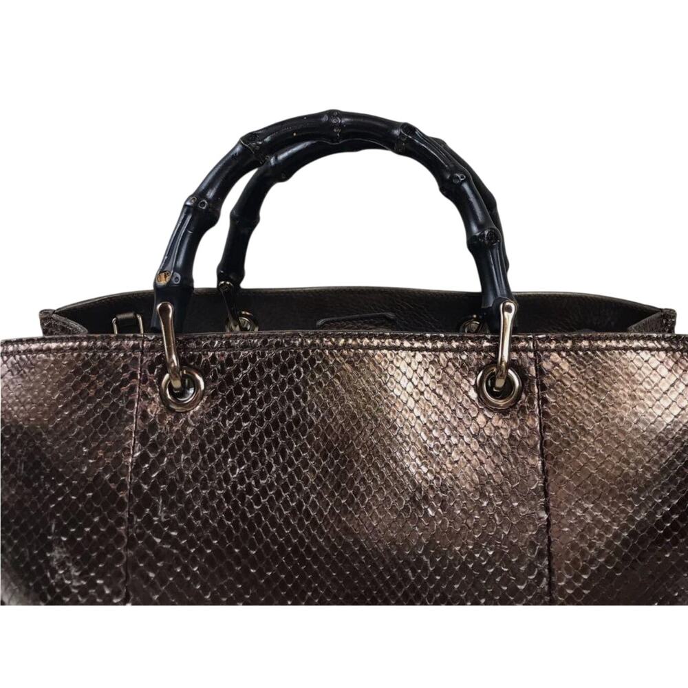 Gucci Bamboo Shopper Tote Bag Bronze-Toned Python Skin Black Bamboo Handle EUC - Picture 5 of 14